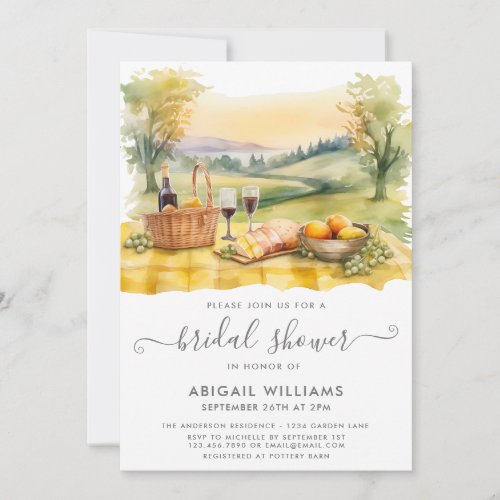 Beautiful Watercolor Picnic Wine Bridal Shower Invitation