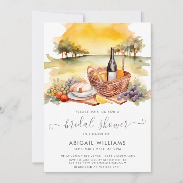 Beautiful Watercolor Picnic Wine Bridal Shower Invitation (Front)