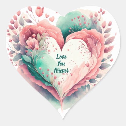 Beautiful Watercolor Pink and Green Floral  Heart Sticker