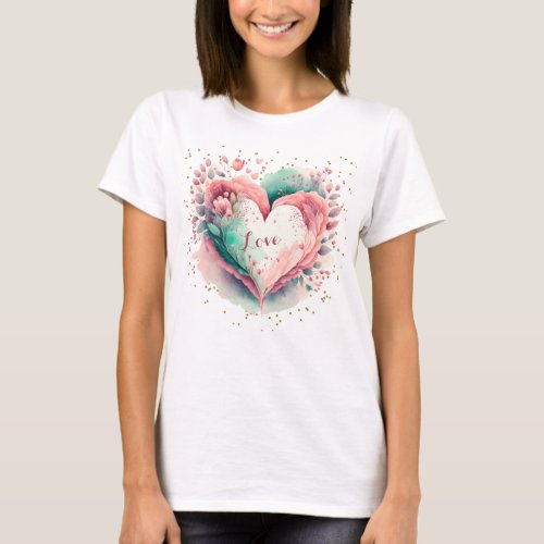 Beautiful Watercolor Pink and Green Floral Heart T_Shirt