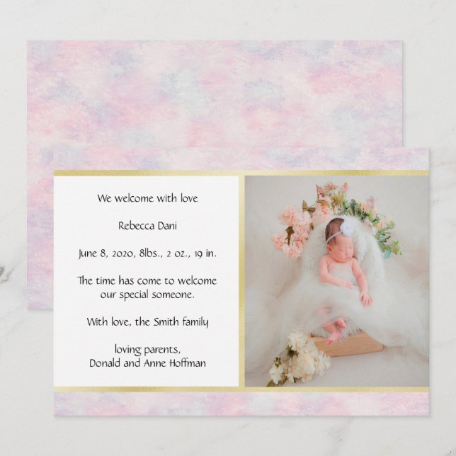 Beautiful Watercolor Pink Birth Announcement (Front/Back)
