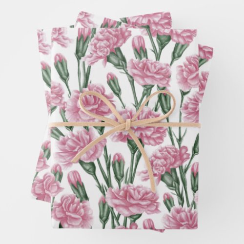 Beautiful Watercolor Pink Carnation Flowers Wrapping Paper Sheets