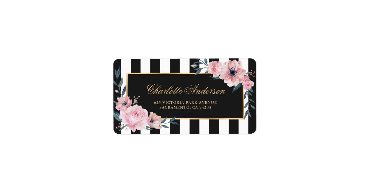 Beautiful Watercolor Pink Floral Black Stripes Label | Zazzle.com