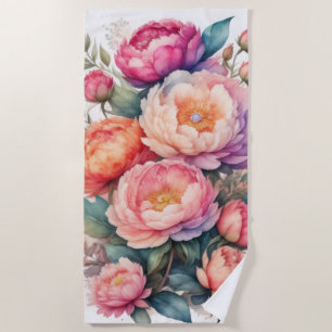 Beautiful Watercolor Pink Peonies Beach Towel