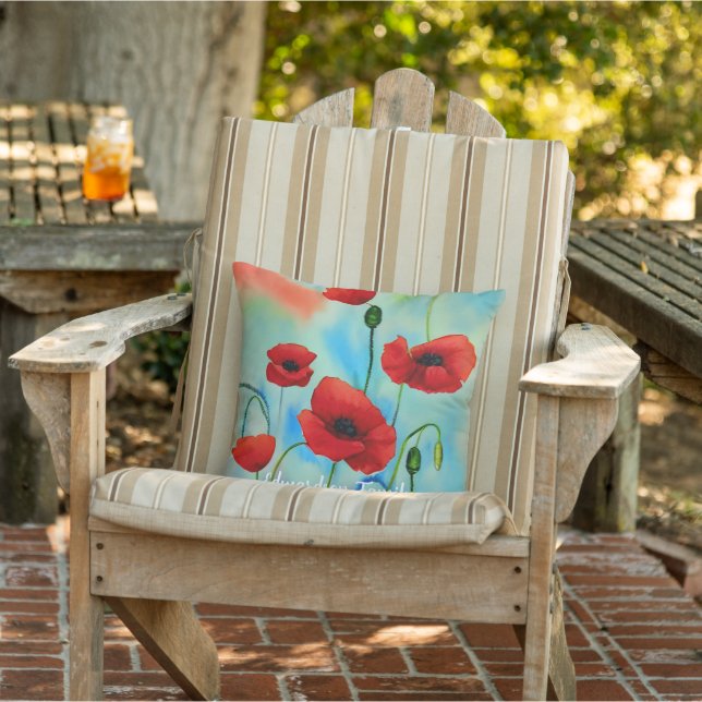 Beautiful watercolor poppies pattern monogram name outdoor pillow (Chair)