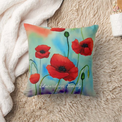 Beautiful watercolor poppies pattern monogram name throw pillow