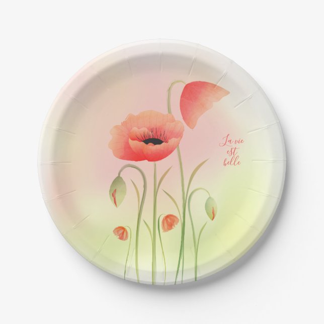 Beautiful Watercolor Poppy Flower Paper Plates (Front)