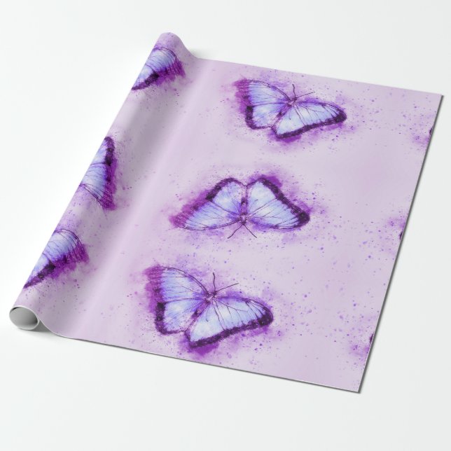 Beautiful Watercolor Purple Butterfly Wrapping Paper (Unrolled)