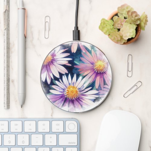 BEAUTIFUL WATERCOLOR PURPLE GERBER DAISIES WIRELESS CHARGER 