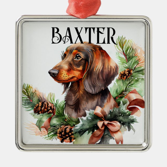 BEAUTIFUL WATERCOLOR RED DACHSHUND DOG METAL ORNAMENT (Front)