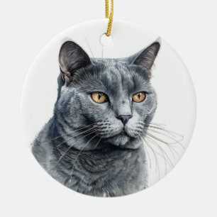 BEAUTIFUL WATERCOLOR RUSSIAN BLUE CAT FACE CERAMIC ORNAMENT