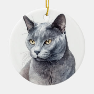 BEAUTIFUL WATERCOLOR RUSSIAN BLUE CAT FACE CERAMIC ORNAMENT