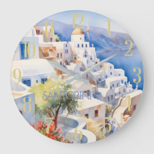 Beautiful Watercolor Santorini Greece Travel Large Clock