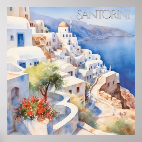 Beautiful Watercolor Santorini Greece Travel Poster