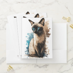 BEAUTIFUL WATERCOLOR SIAMESE CAT POCKET FOLDER