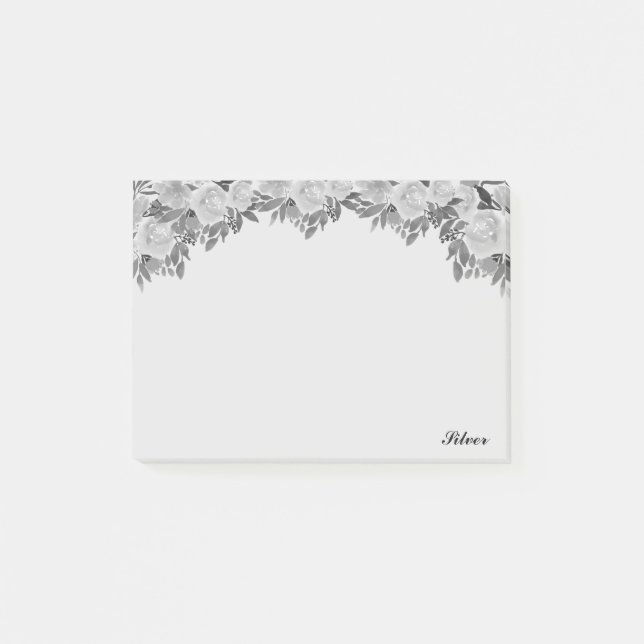 Beautiful watercolor silver flowers & calligraphy post-it notes (Front)