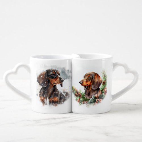 BEAUTIFUL WATERCOLOR SNOWY BROWN DACHSHUND DOG COFFEE MUG SET