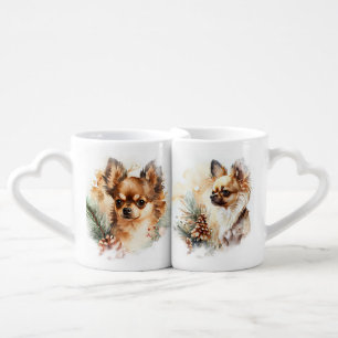 BEAUTIFUL WATERCOLOR SNOWY LONG HAIRED CHIHUAHUA COFFEE MUG SET