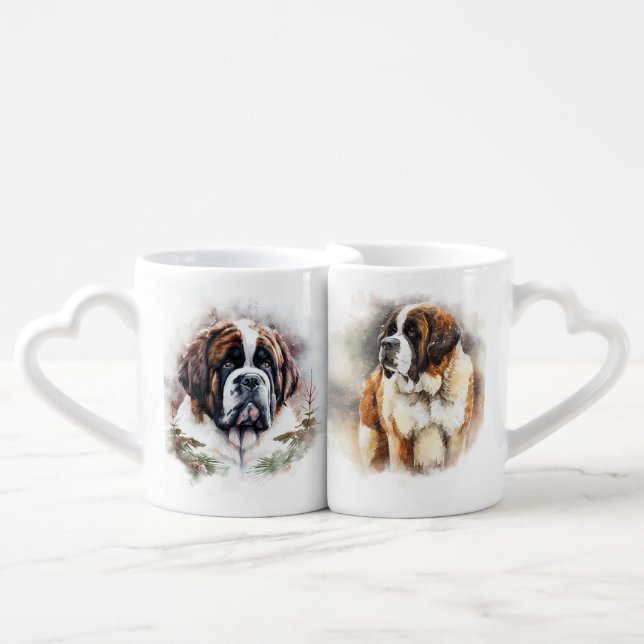 BEAUTIFUL WATERCOLOR SNOWY ST BERNARD DOG COFFEE MUG SET (Front Nesting)