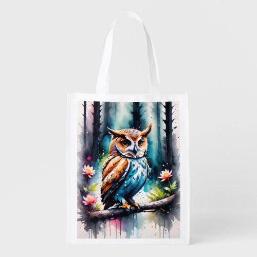 Beautiful Watercolor Splash Style Owl Grocery Bag