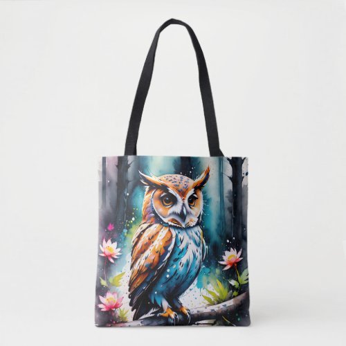 Beautiful Watercolor Splash Style Owl Tote Bag