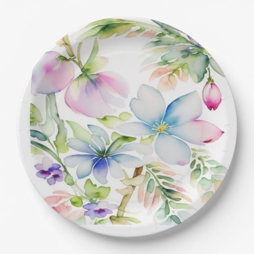 Beautiful Watercolor Spring Flowers Blue Pink Paper Plates