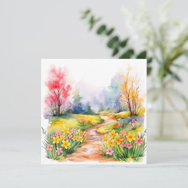 Beautiful Watercolor Spring Flowers Note Card (Standing Front)