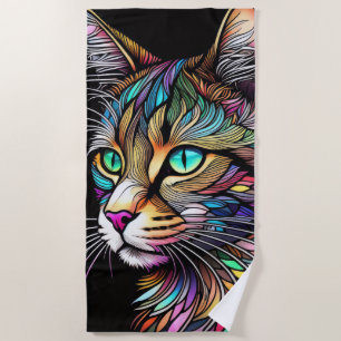 Beautiful Watercolor Stained Glass Cat Beach Towel