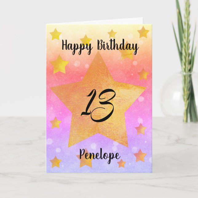 Beautiful Watercolor Stars 13th Birthday Card (Front)