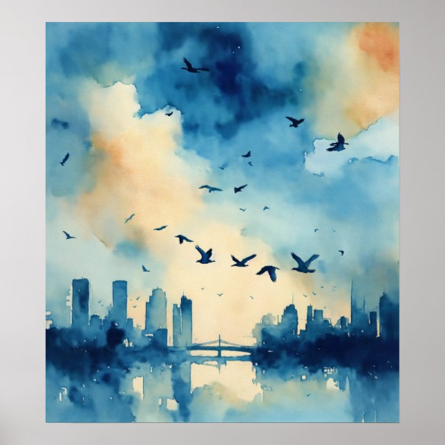 Beautiful watercolor style blue, birds flying acro poster (Front)