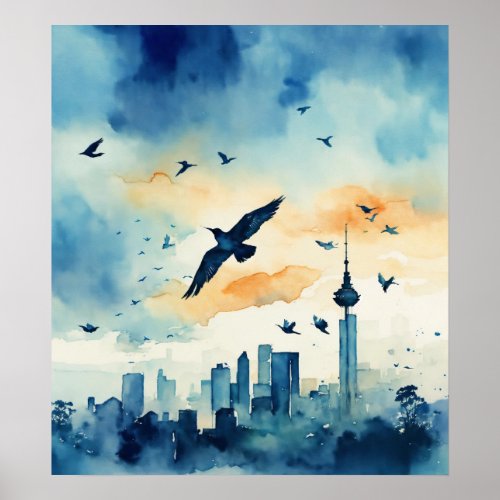 Beautiful watercolor style blue birds flying acro poster