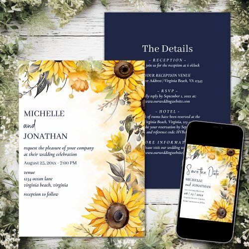 Beautiful Watercolor Sunflower All in One Wedding Invitation