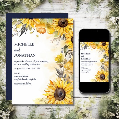 Beautiful Watercolor Sunflower Floral Wedding Invitation