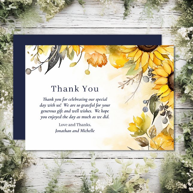 Beautiful Watercolor Sunflower Floral Wedding Thank You Card (Front and Back - Beautiful Watercolor Sunflower Floral Wedding Thank You Card)
