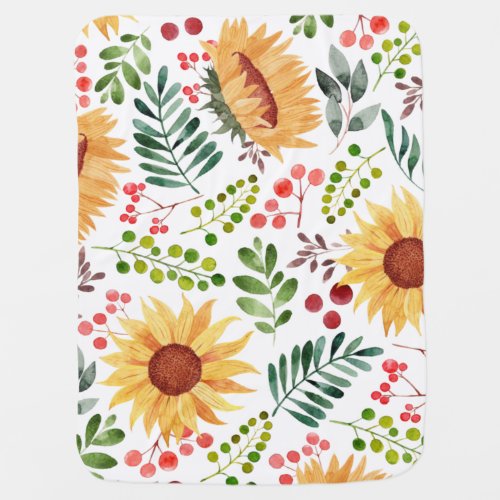 Beautiful Watercolor Sunflowers and Berries   Baby Blanket