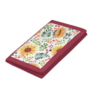 Beautiful Watercolor Sunflowers and Berries Tri-fold Wallet