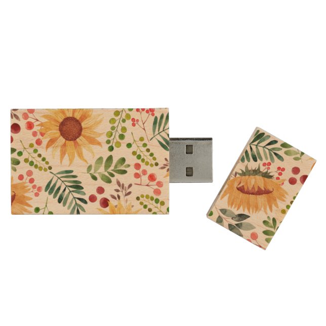 Beautiful Watercolor Sunflowers and Berries  Wood Flash Drive (Opened)