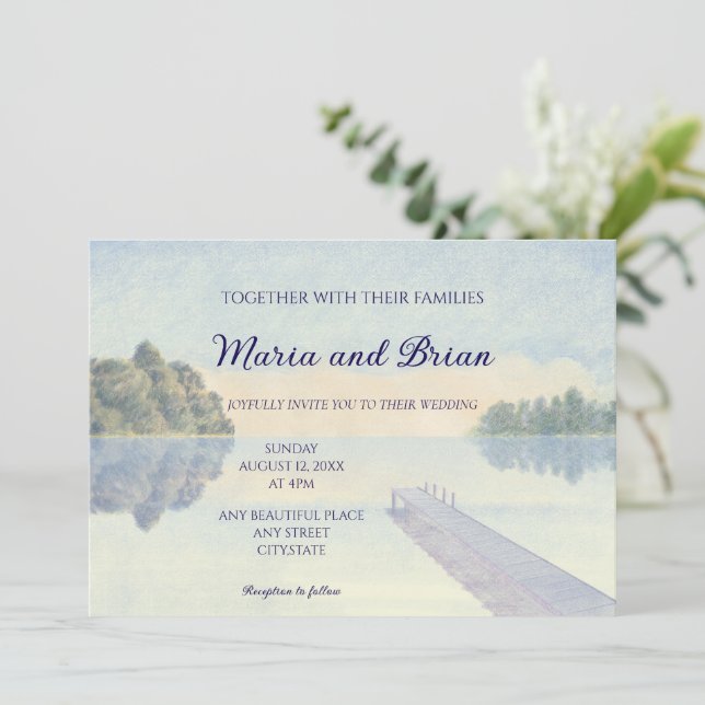 Beautiful watercolor sunset lake wedding  invitation (Standing Front)