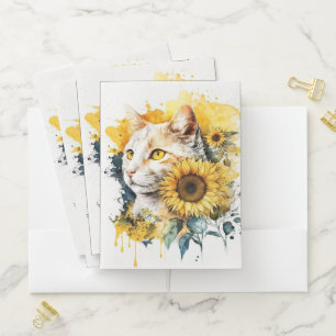 BEAUTIFUL WATERCOLOR TABBY CAT WITH SUNFLOWERS POCKET FOLDER