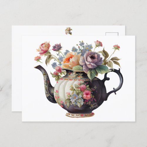Beautiful Watercolor Teapot Flowers Teacups Postcard