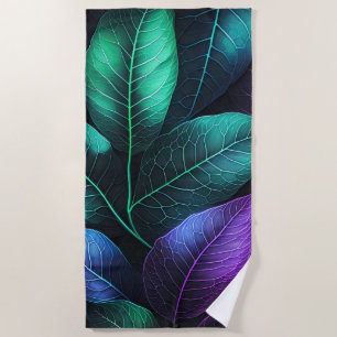 Beautiful Watercolor Tropical Foliage Purple Green Beach Towel