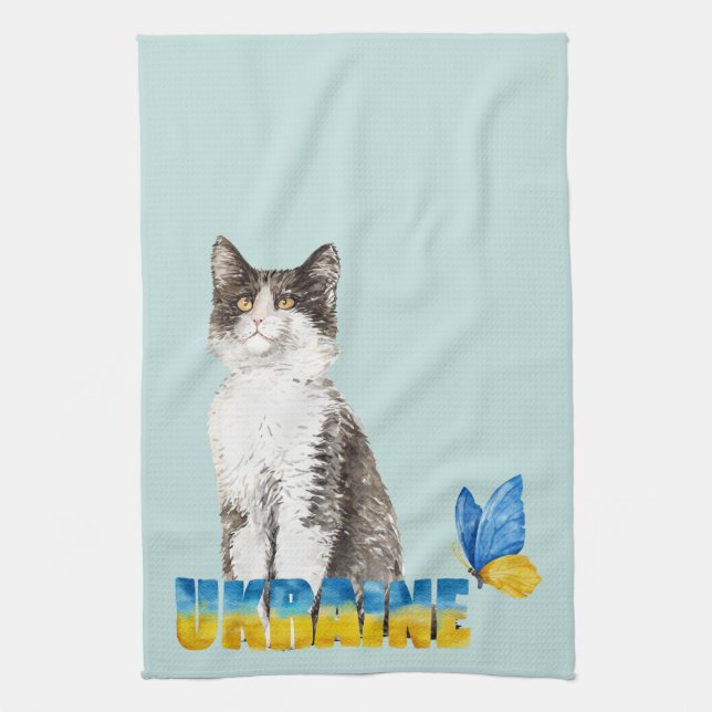 Beautiful Watercolor Ukraine Cat and Butterfly Kitchen Towel (Vertical)