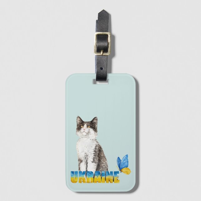 Beautiful Watercolor Ukraine Cat and Butterfly  Luggage Tag (Front Vertical)