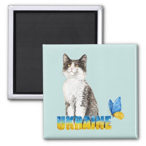 Beautiful Watercolor Ukraine Cat and Butterfly  Magnet
