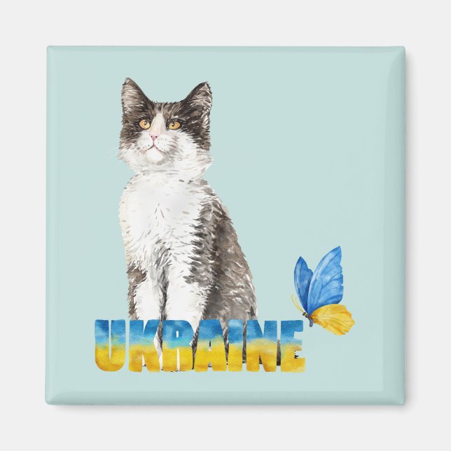 Beautiful Watercolor Ukraine Cat and Butterfly  Magnet (Front)