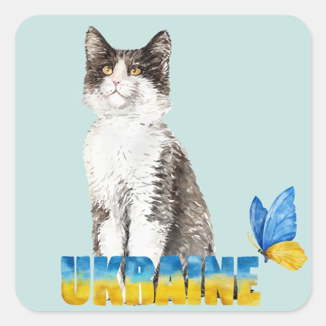 Beautiful Watercolor Ukraine Cat and Butterfly Square Sticker (Front)