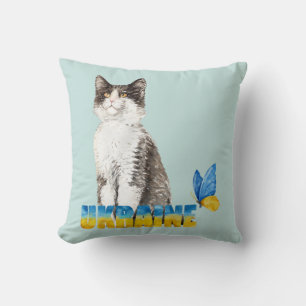 Beautiful Watercolor Ukraine Cat and Butterfly  Throw Pillow