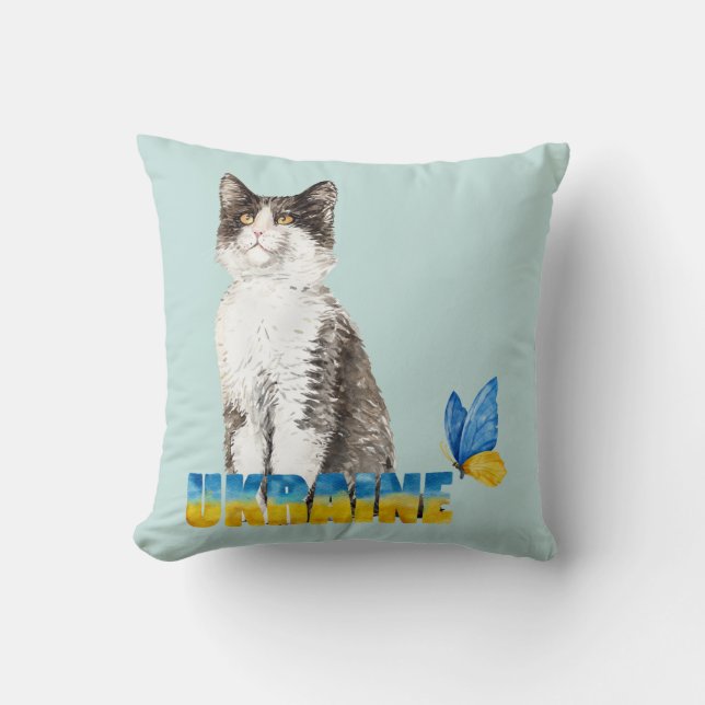 Beautiful Watercolor Ukraine Cat and Butterfly  Throw Pillow (Front)