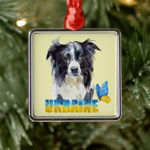 Beautiful Watercolor Ukraine Dog and Butterfly Metal Ornament