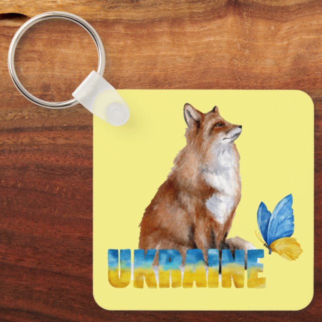 Beautiful Watercolor Ukraine Fox and Butterfly  Keychain (Front)